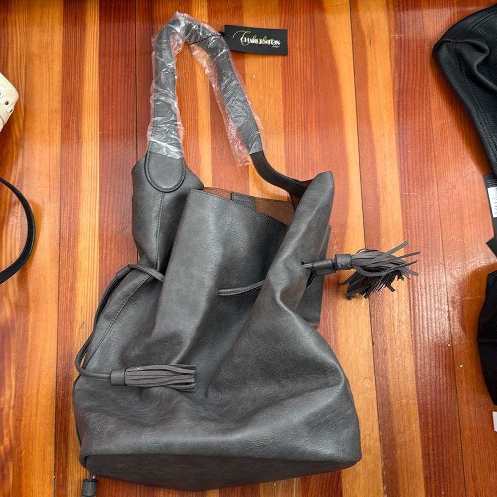 NWT Charleston Bags -Grey Vegan Leather Bag Charcoal Tadd Drawstring Bag
